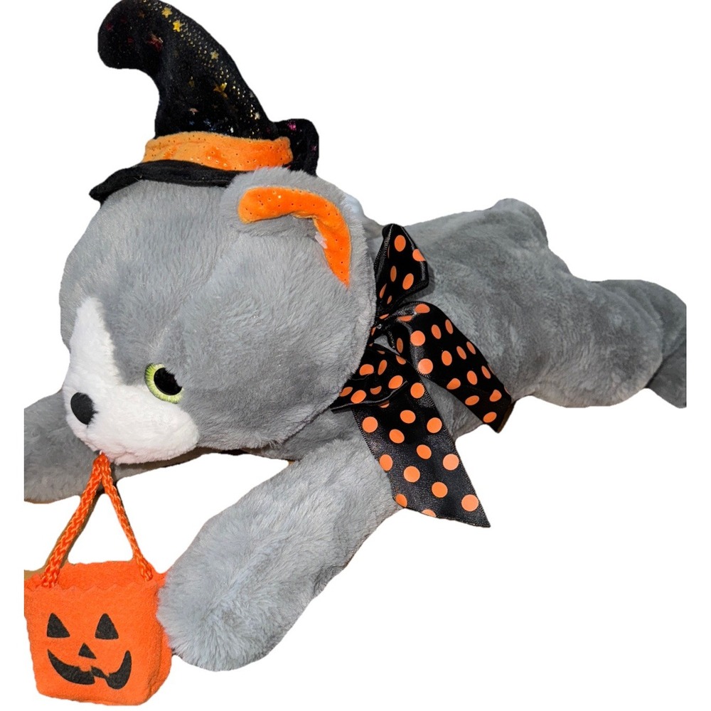 MTY International Halloween Cat Plush Gray Metallic Witch Hat Pumpkin Bag 21"